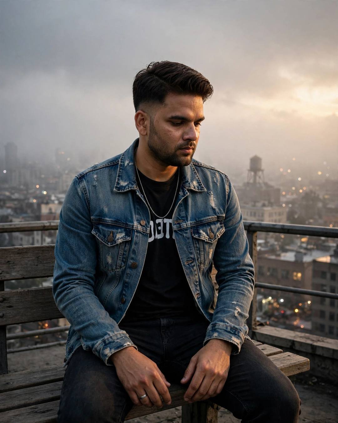 Young Indian man sitting on station bench, elbows on knees, head in hands at the rooftop overlooking sleeping city lights, dense fog