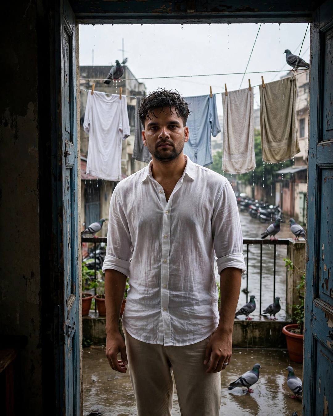 Young Indian man standing in a doorway, half in shadow at the terrace with drying clothes lines and pigeons, post-rain wet streets