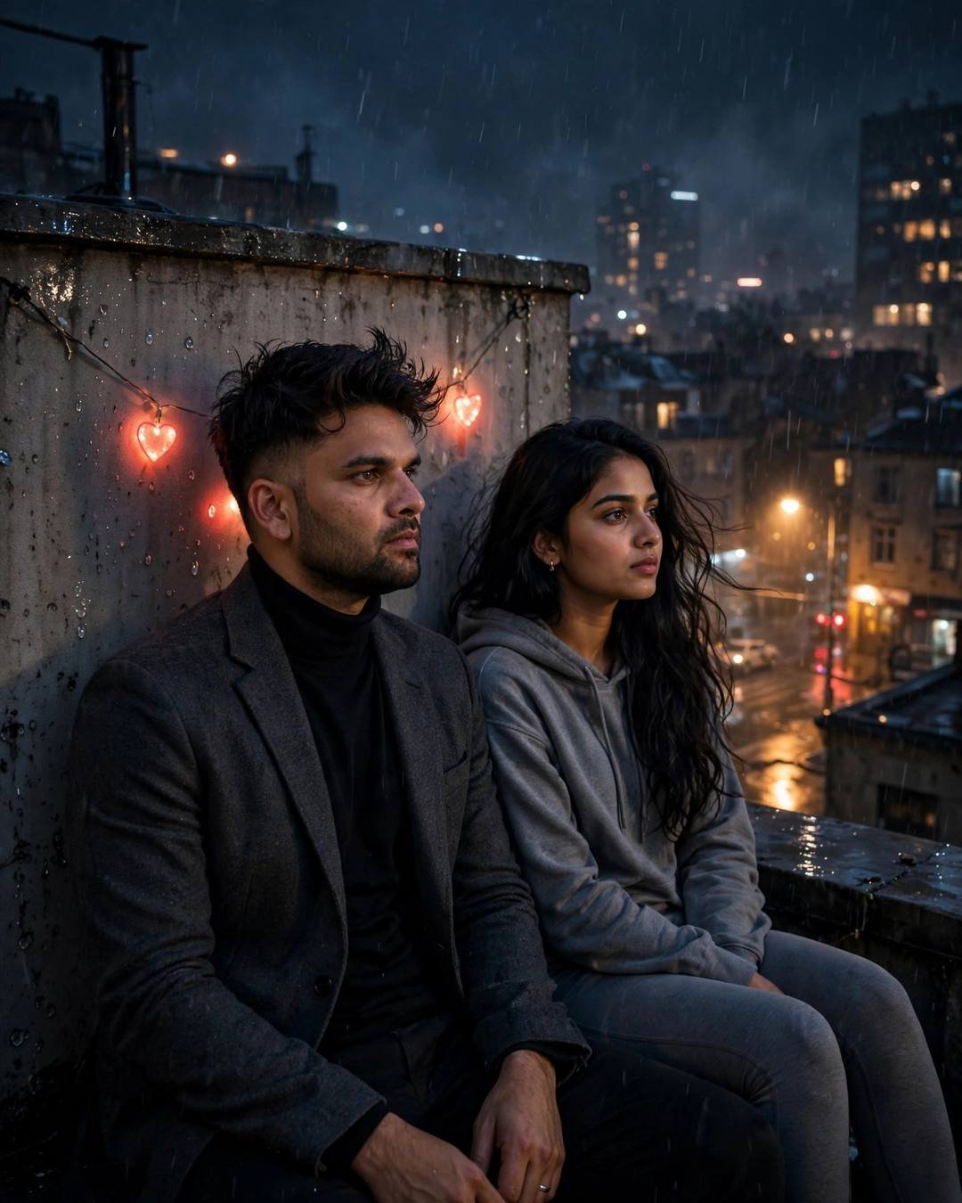 Young Indian couple sitting on a rooftop, backs against the wall, sharing silence at the rain-soaked city street, clear cold night