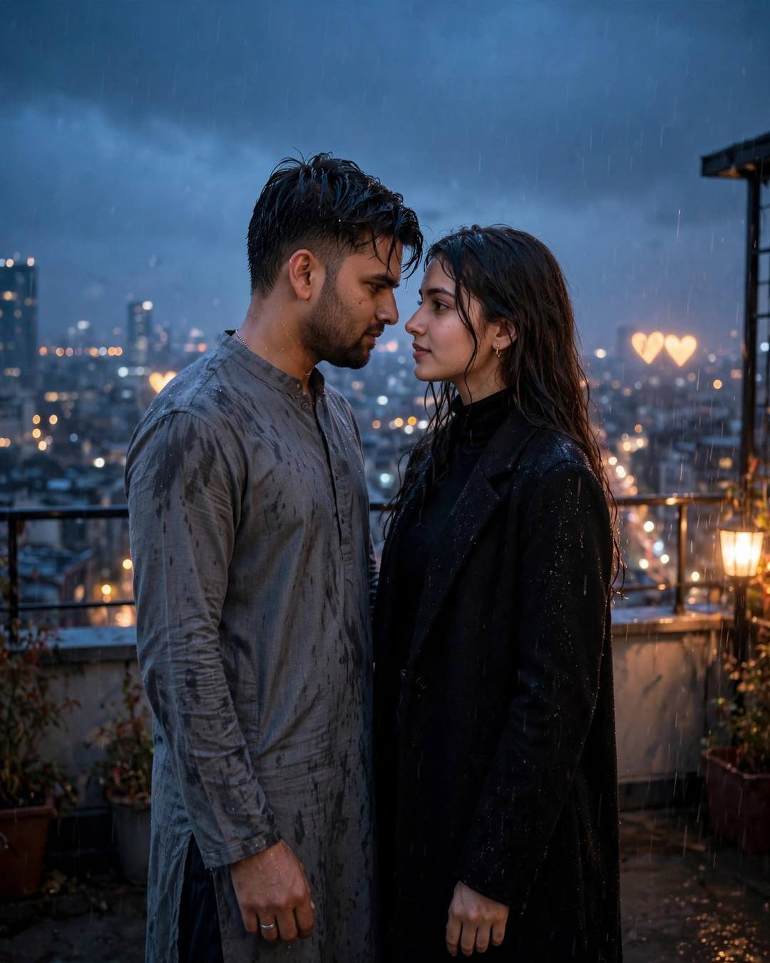 Young Indian couple standing face to face, foreheads almost touching at the rooftop overlooking sleeping city lights, clear cold night