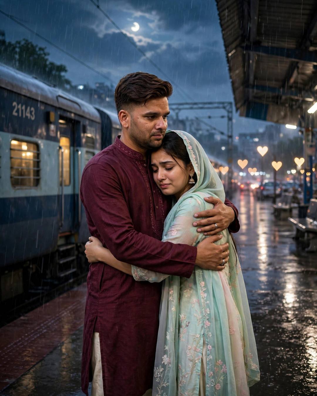 Young Indian couple one last hug at a railway platform as the train waits at the rain-soaked city street, post-rain wet streets