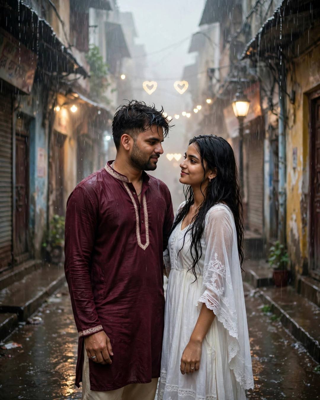 Young Indian couple dancing slowly in an empty street under streetlights at the narrow old-city lane with peeling walls, heavy monsoon rain