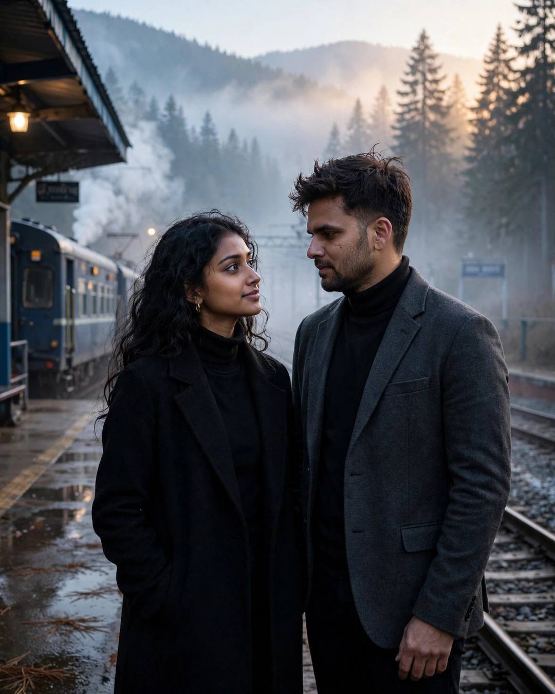 Young Indian couple one last hug at a railway platform as the train waits at the misty forest path, clear cold night