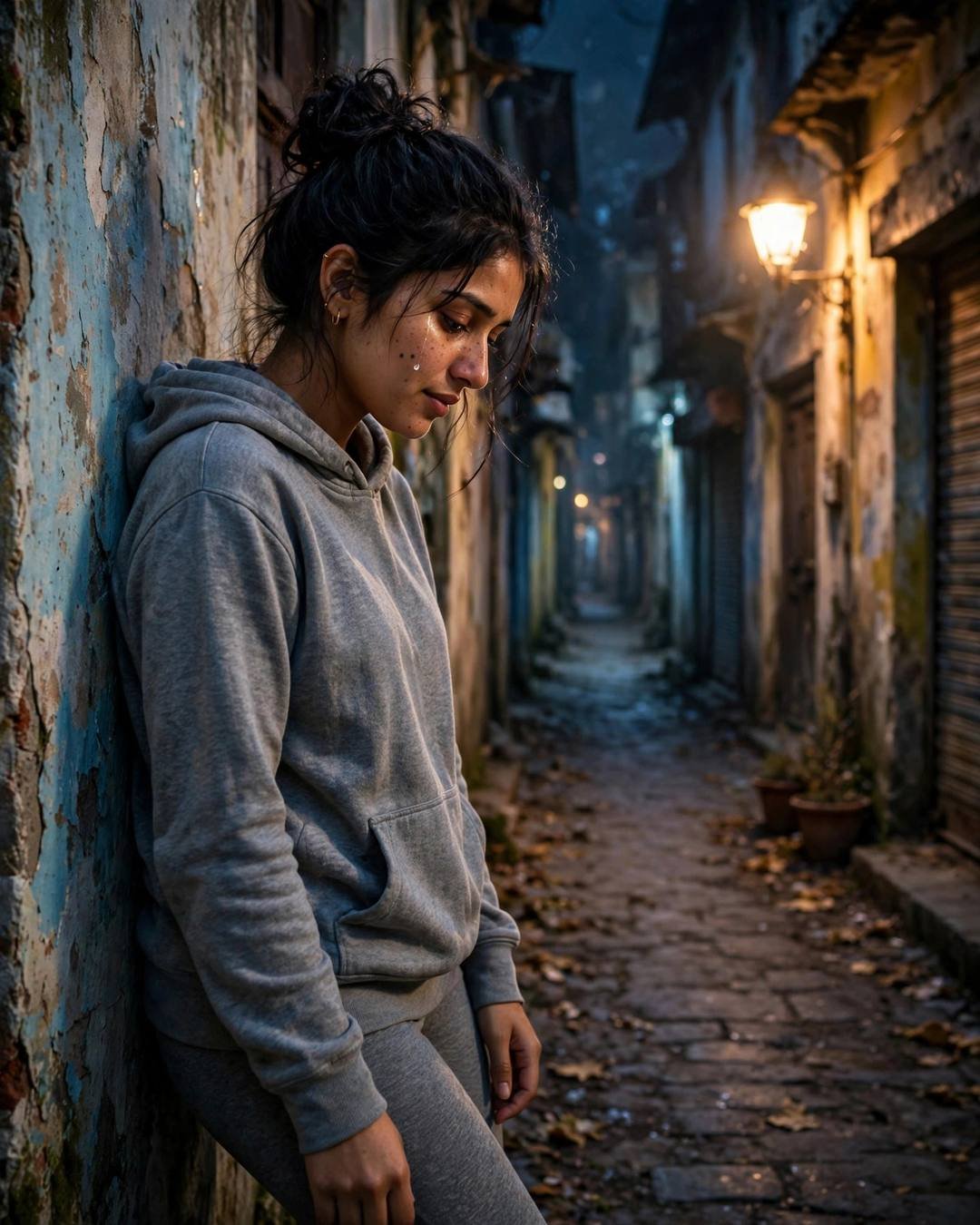 Young Indian woman leaning against a weathered wall, head tilted down at the narrow old-city lane with peeling walls, clear cold night