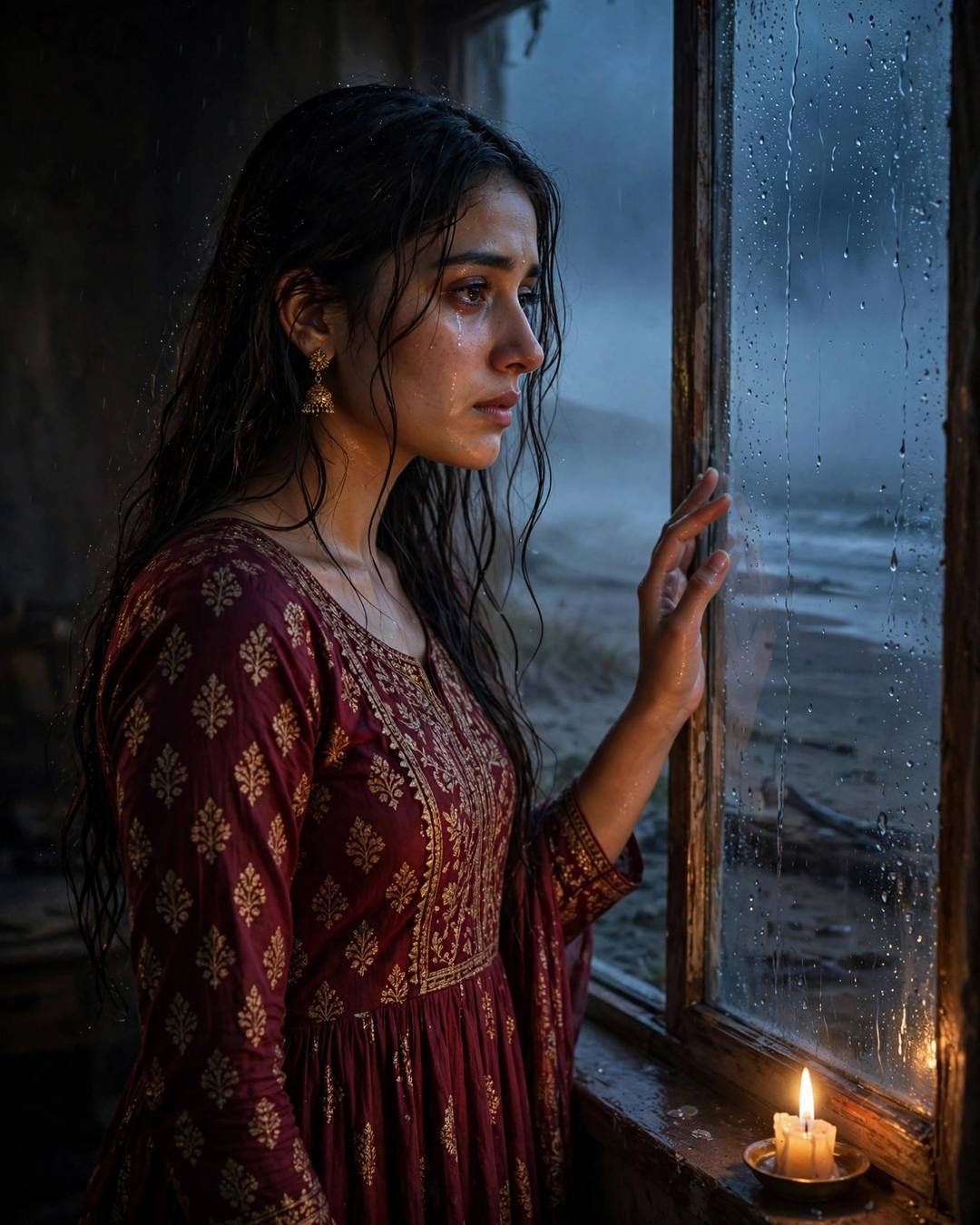 Young Indian woman standing at a rain-streaked window, one hand on the glass at the deserted beach at dusk, dense fog