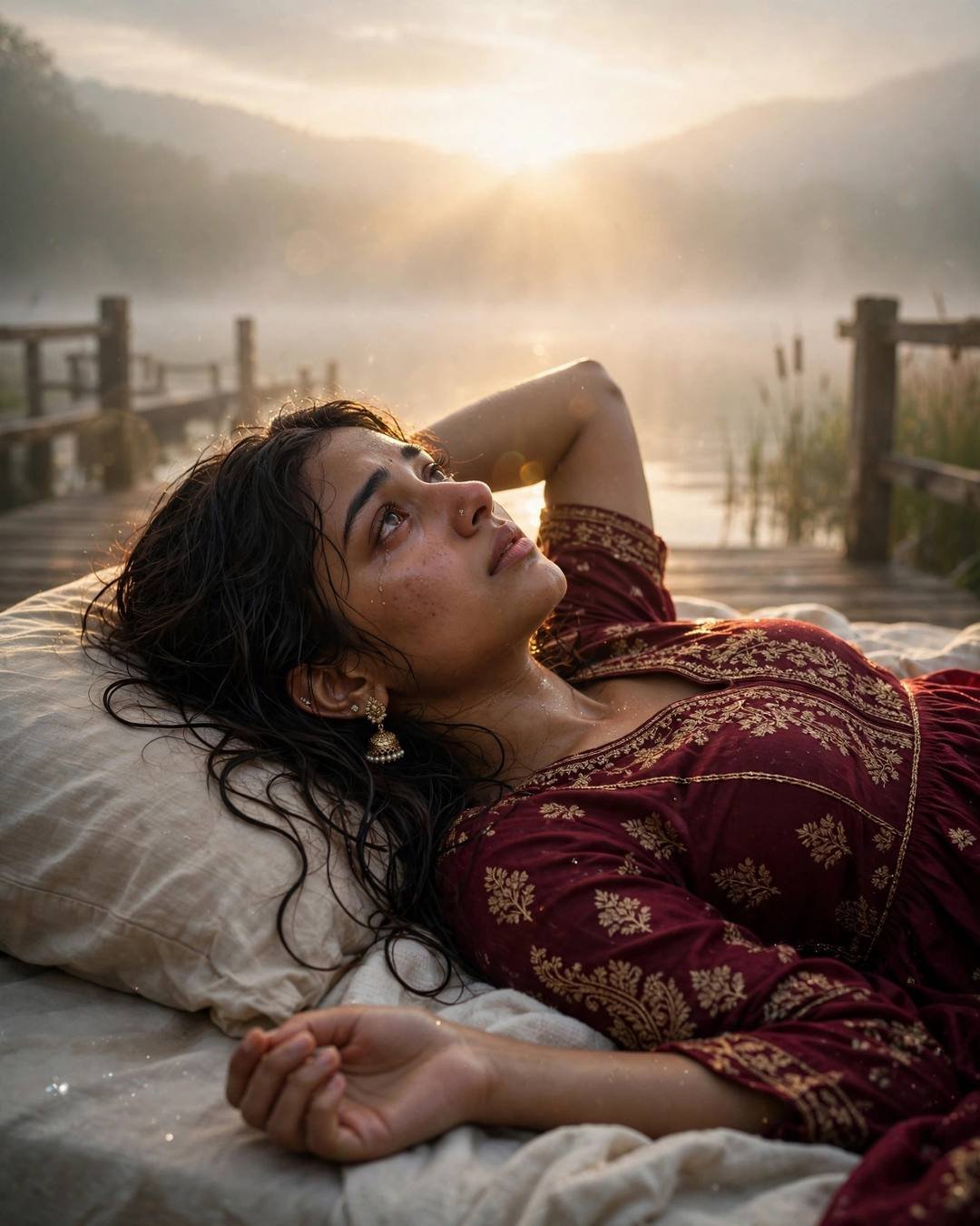 Young Indian woman lying on the bed staring at the ceiling, one arm behind head at the quiet lake pier at dawn, dense fog