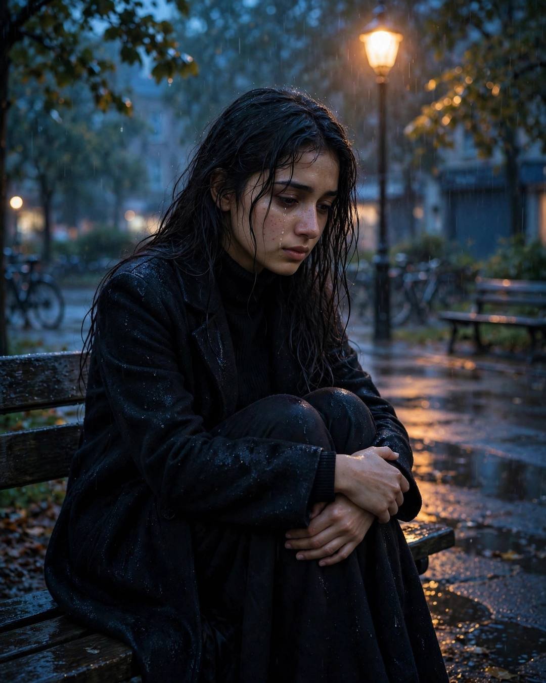 Young Indian woman sitting with knees drawn up, arms wrapped around legs at the park bench under a lone lamp, post-rain wet streets