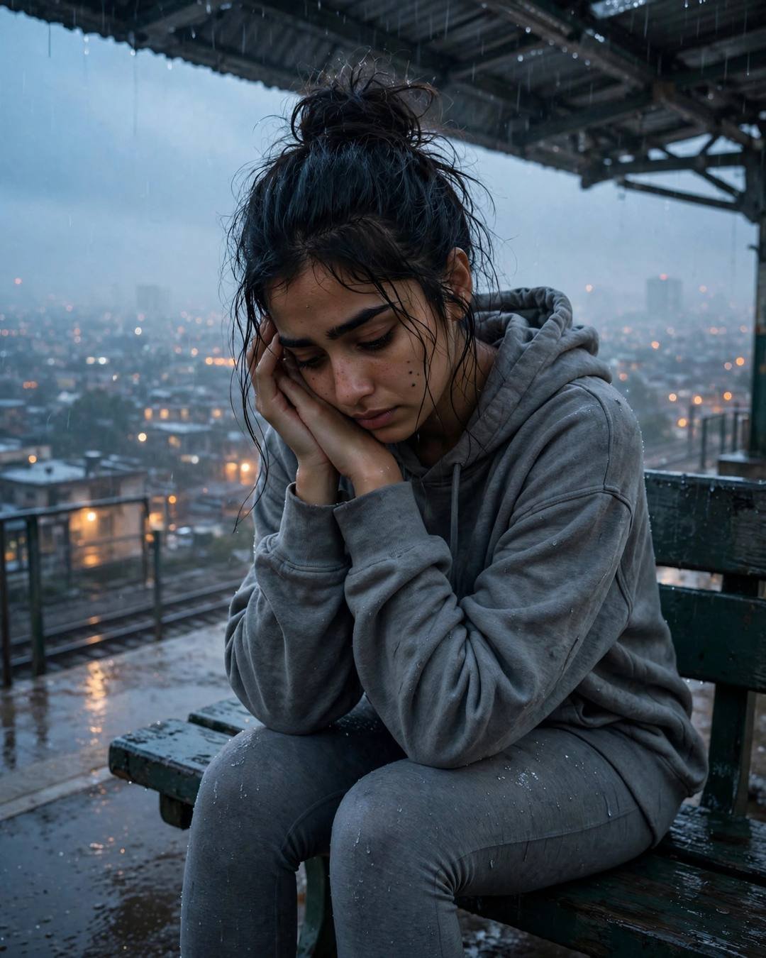 AI portrait of a young Indian woman in a grey hoodie sitting with her head in her hands on a rainy station bench at dawn