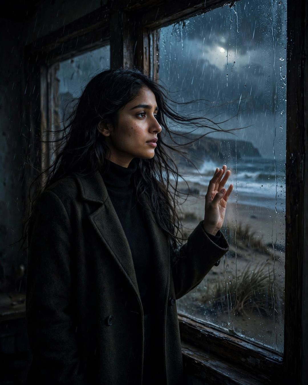 AI portrait of a young Indian woman in a black turtleneck and coat standing at a rain-streaked window overlooking a stormy beach