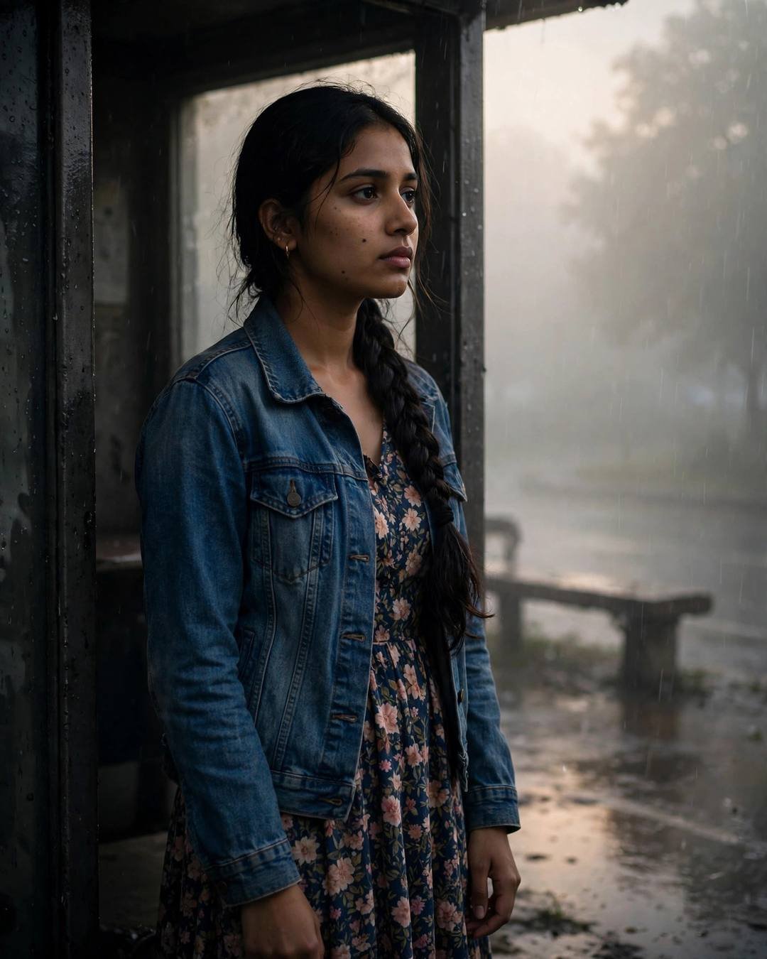 AI portrait of a young Indian woman in a denim jacket standing in a rainy bus shelter doorway, long braid over one shoulder