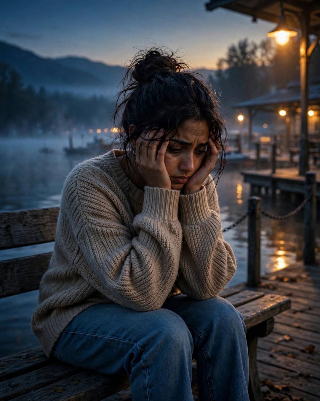 AI portrait of a young Indian woman in an oversized beige sweater sitting with her head in her hands on a bench at a lake pier at dawn