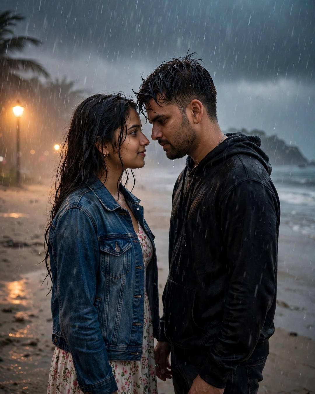 AI couple portrait of a man in a black hoodie and a woman in a denim jacket standing forehead to forehead on a rainy beach at dusk