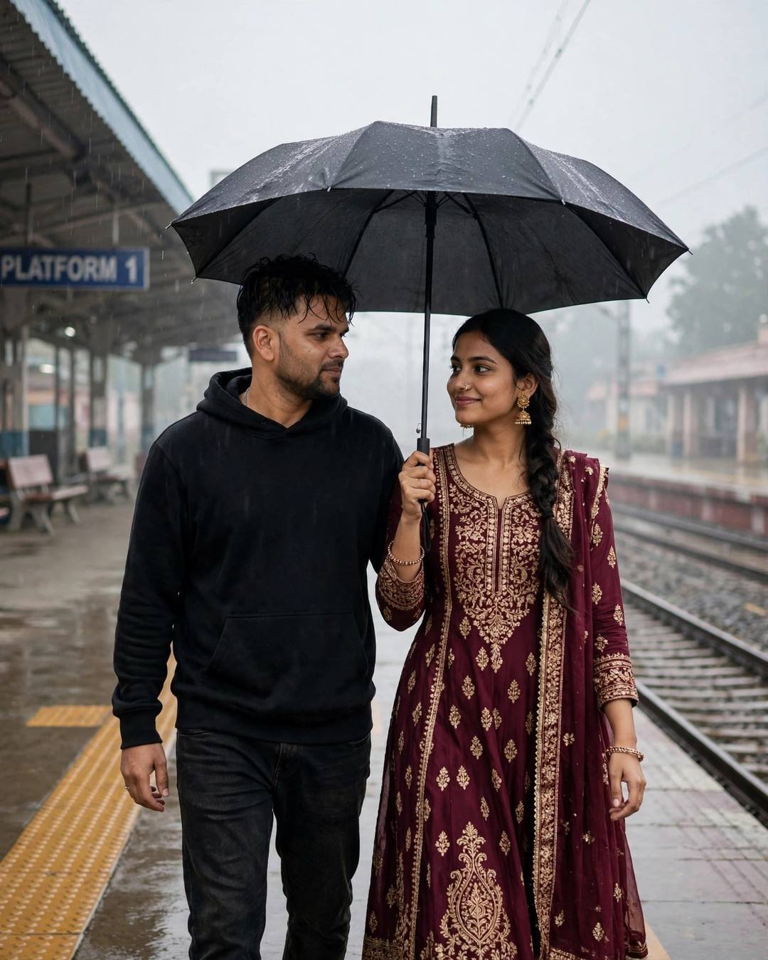 AI couple portrait of a man in a black hoodie and a woman in a maroon anarkali sharing one umbrella on a rainy railway platform at night