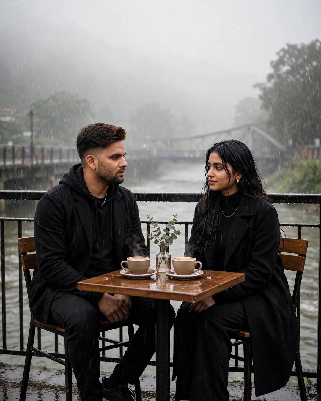 AI couple portrait of a man and woman in black outfits seated across a small cafe table with coffee cups in rain by a river
