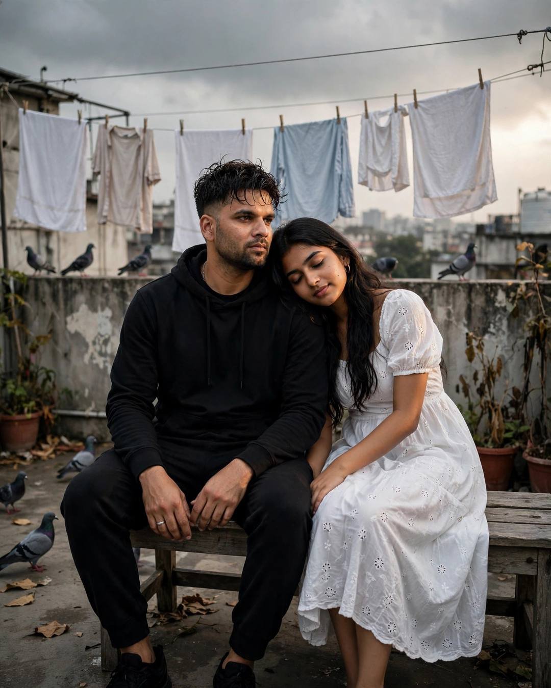 AI couple portrait of a man in black streetwear and a woman in a white dress sitting close on a rooftop bench, her head on his shoulder
