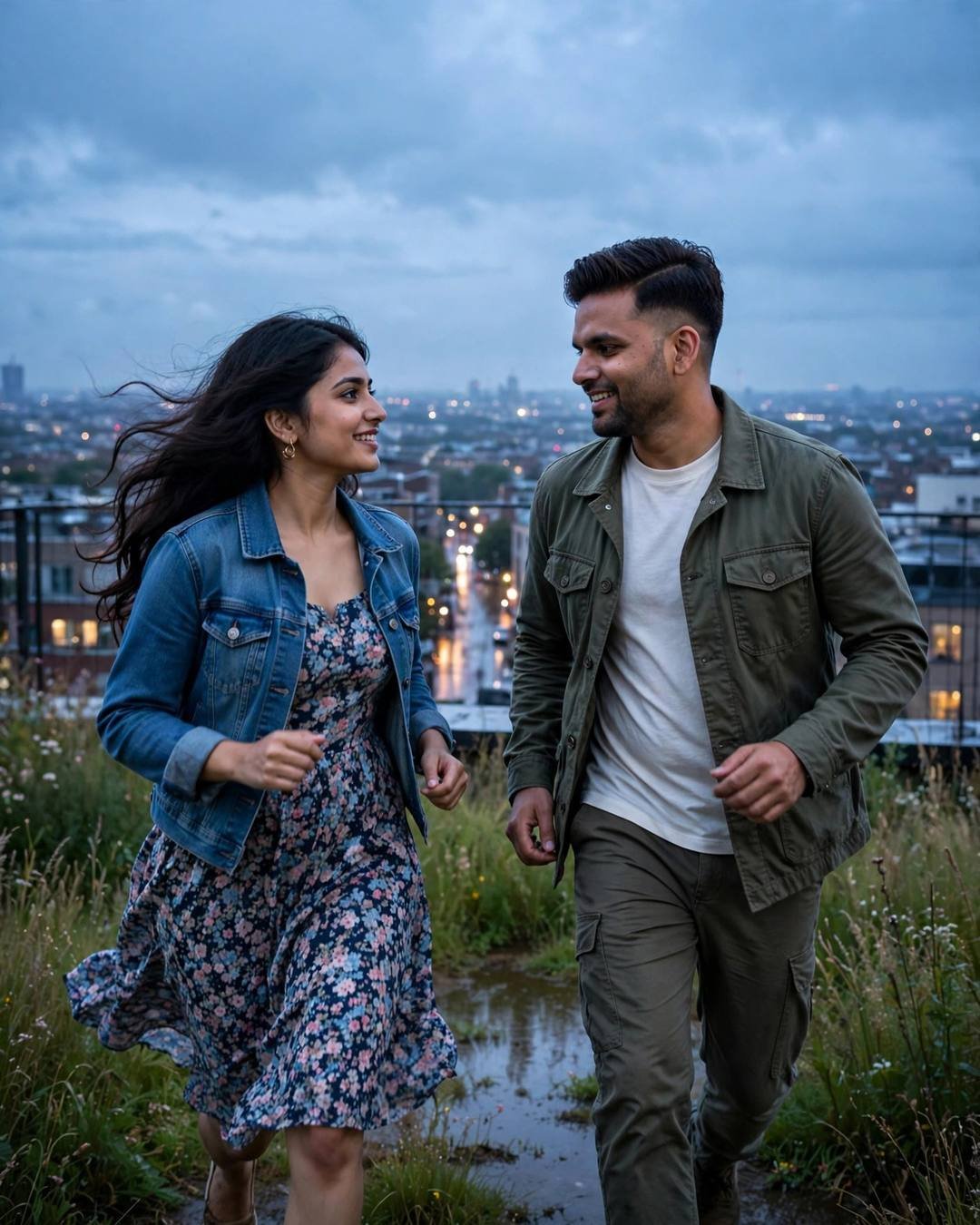 AI couple portrait of a man in an olive jacket and a woman in a denim jacket running toward each other on a rooftop at blue hour