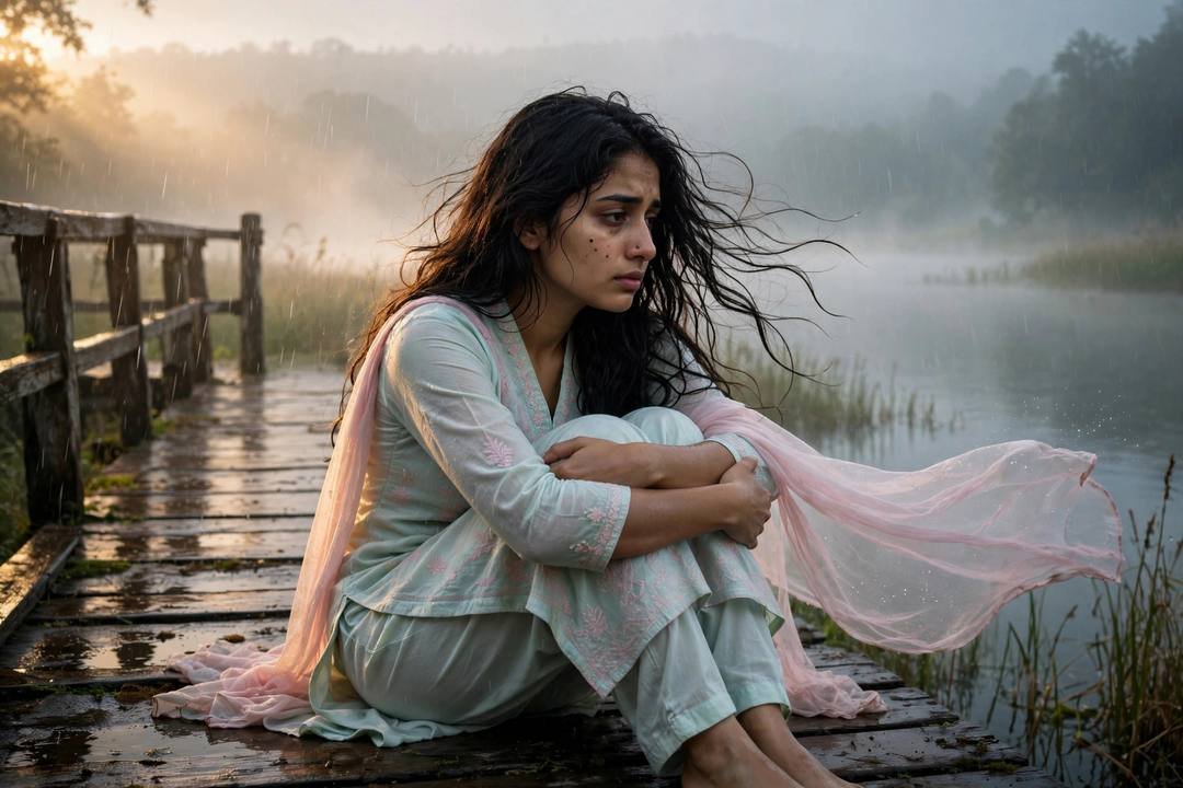 Young Indian woman in pastel salwar-kameez sitting on a rain-wet lake pier at dawn, knees drawn up, hair in the breeze