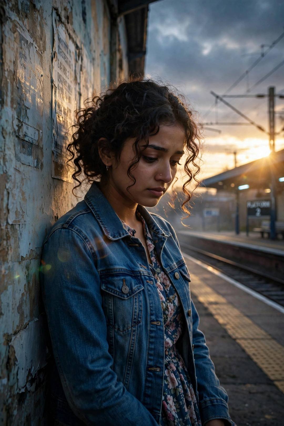 Young Indian woman in denim jacket over floral dress leaning against a weathered wall on an empty railway platform at golden hour