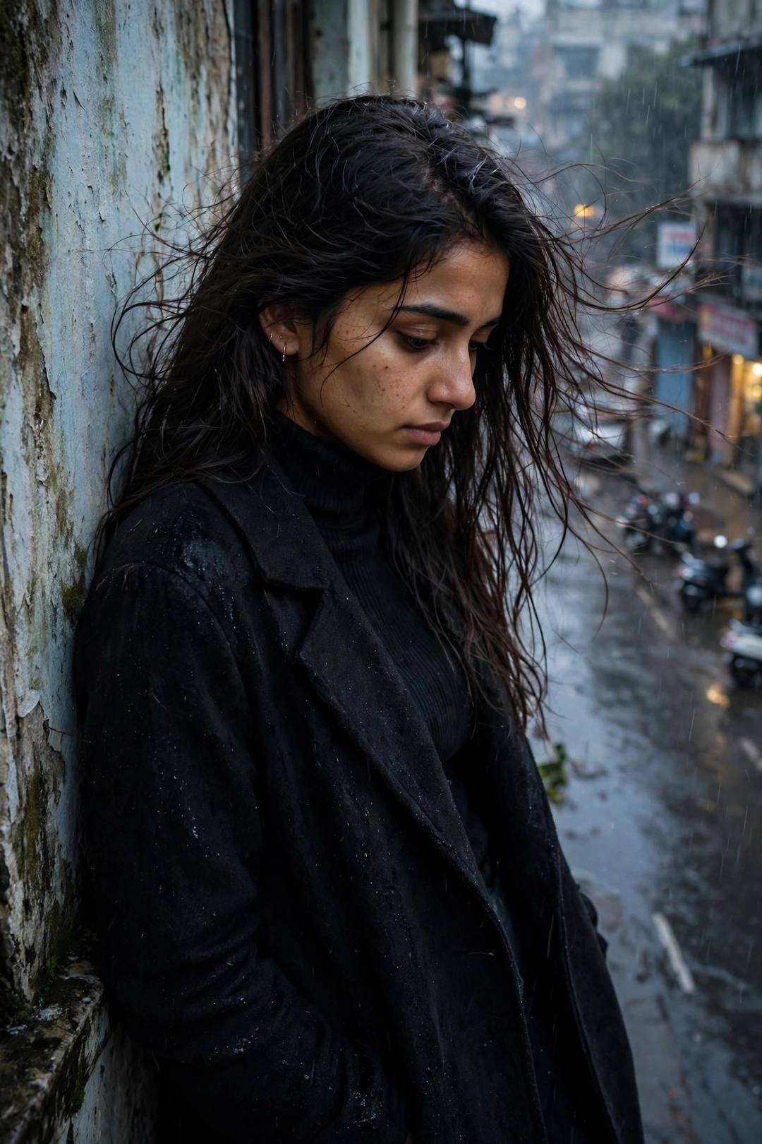 Young Indian woman in black turtleneck and long coat leaning against a weathered wall on a rain-soaked street at blue hour