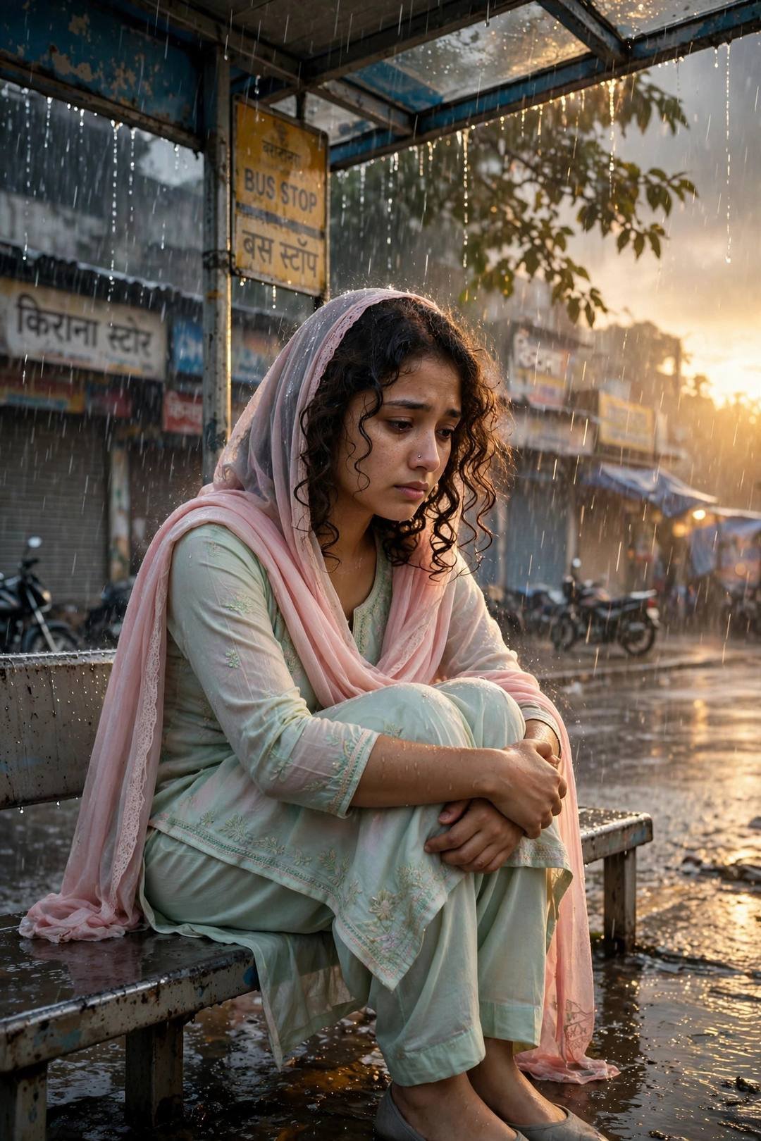Young Indian woman in pastel salwar-kameez with dupatta sitting at a rain-soaked bus stop at golden hour, heavy monsoon rain