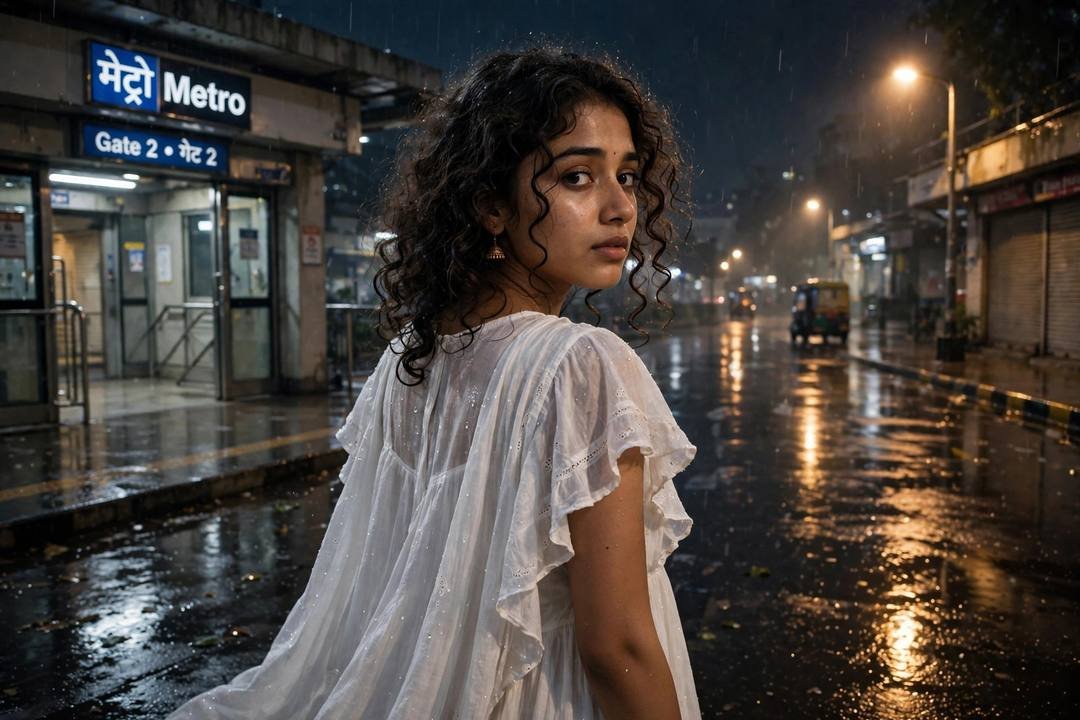 Young Indian woman in a white dress standing outside a midnight metro station, back to camera, looking over one shoulder