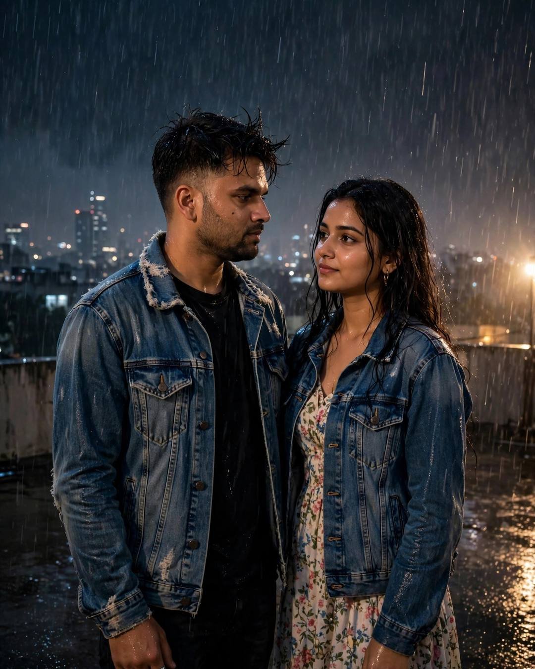 Couple in denim jackets standing close in heavy midnight rain on a rooftop, long shadows stretching apart, city lights below