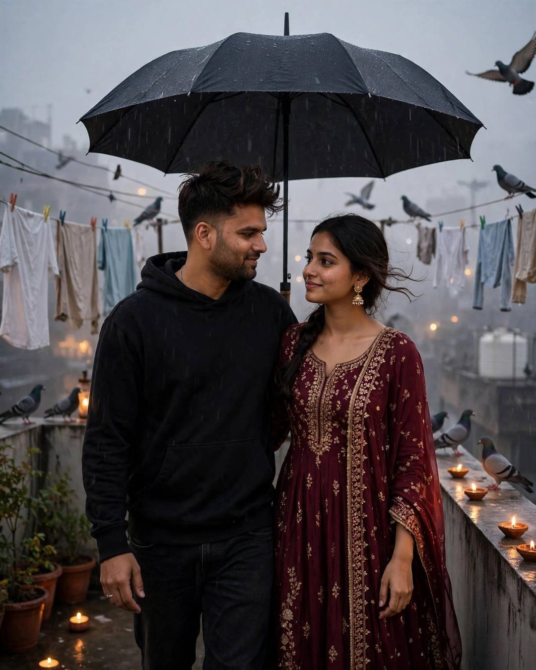Couple under one umbrella on a foggy terrace with burning diyas and pigeons, looking at each other