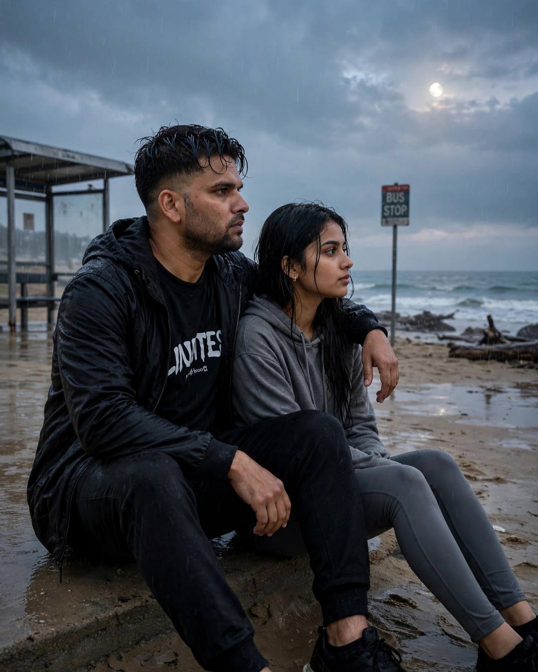 Couple sitting on wet sand in the rain at dawn, his arm around her, watching the waves under moonlight