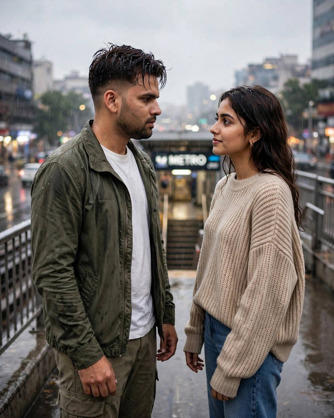 Couple standing face to face on a rain-wet bridge at night, metro station glowing behind, city blurred