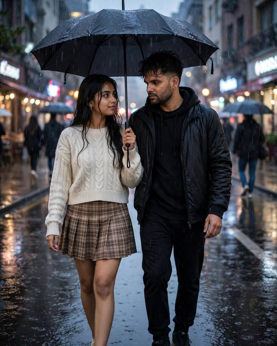 Couple walking under one umbrella on a rain-soaked street at blue hour, shop lights glowing