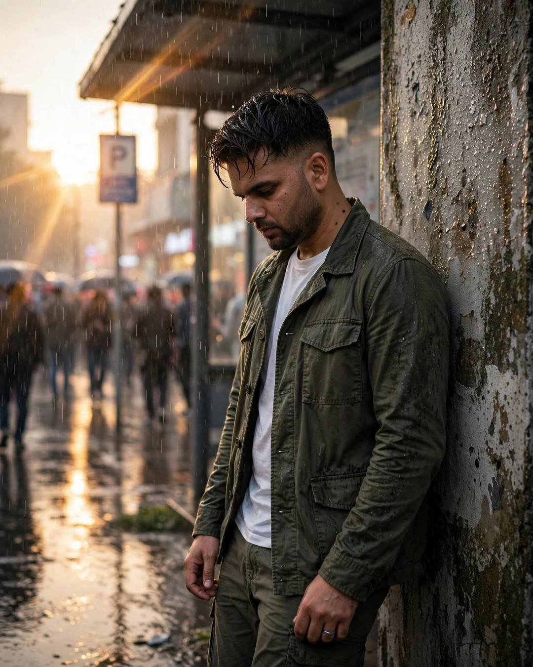 Young man in an olive field jacket leaning against a weathered wall at a rainy bus stop at dawn, crowd blurred behind