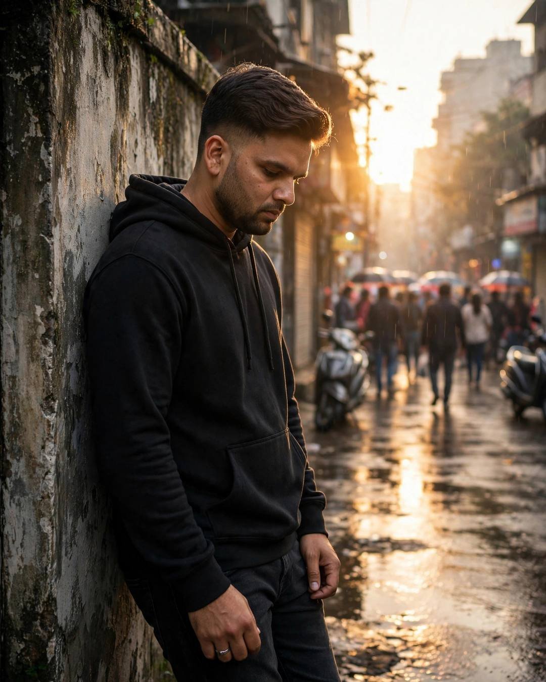 Young man in a black hoodie leaning against a weathered wall on a rain-soaked street at dawn, crowd with umbrellas behind