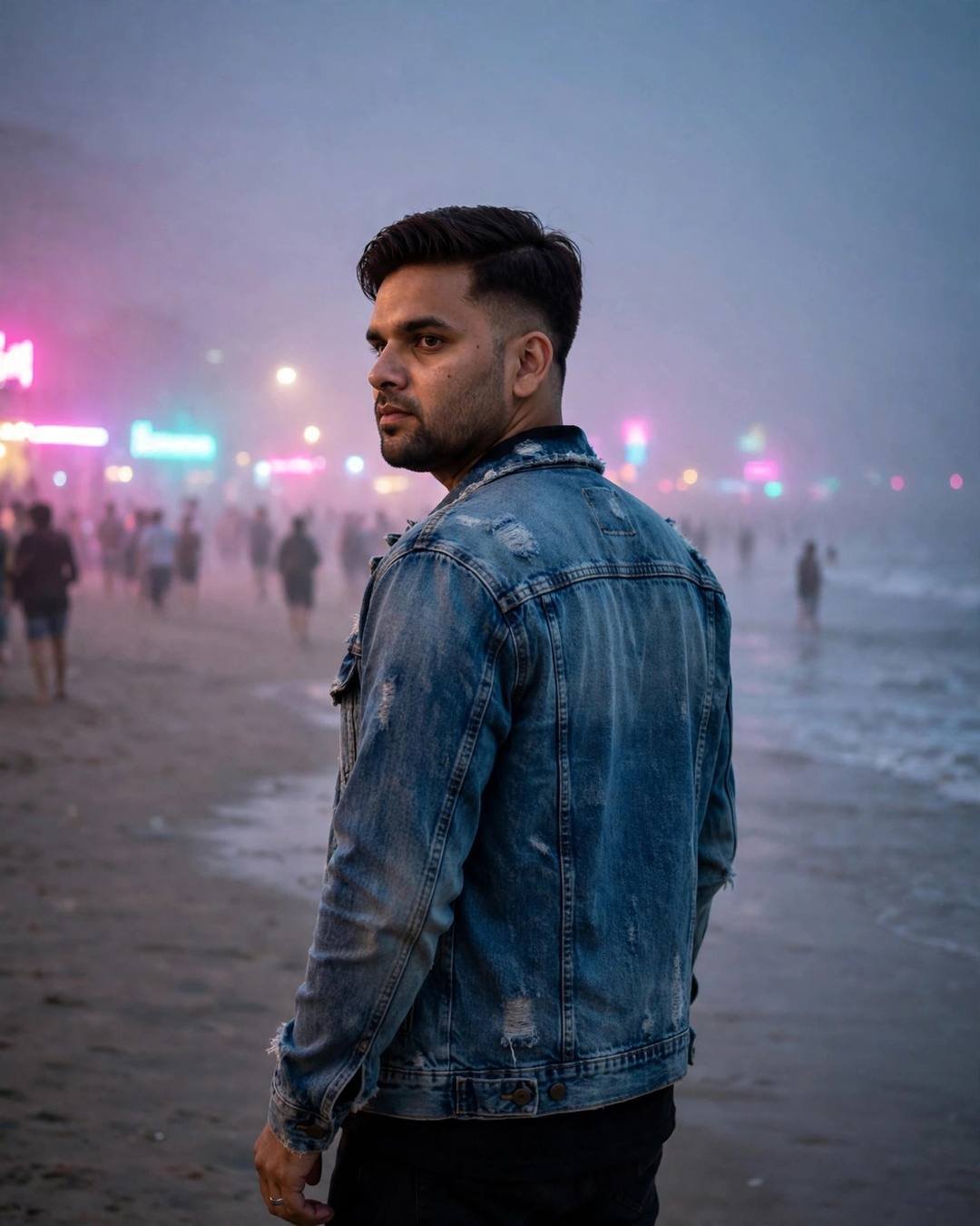 Young man in a denim jacket on a foggy beach at dusk looking over his shoulder, neon pink and cyan glowing through fog