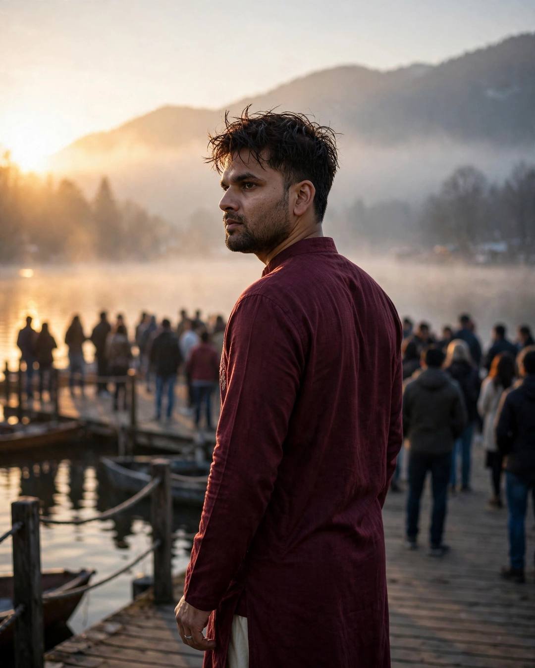 Young man in a maroon kurta on a misty lake pier at dawn looking over his shoulder, crowd behind