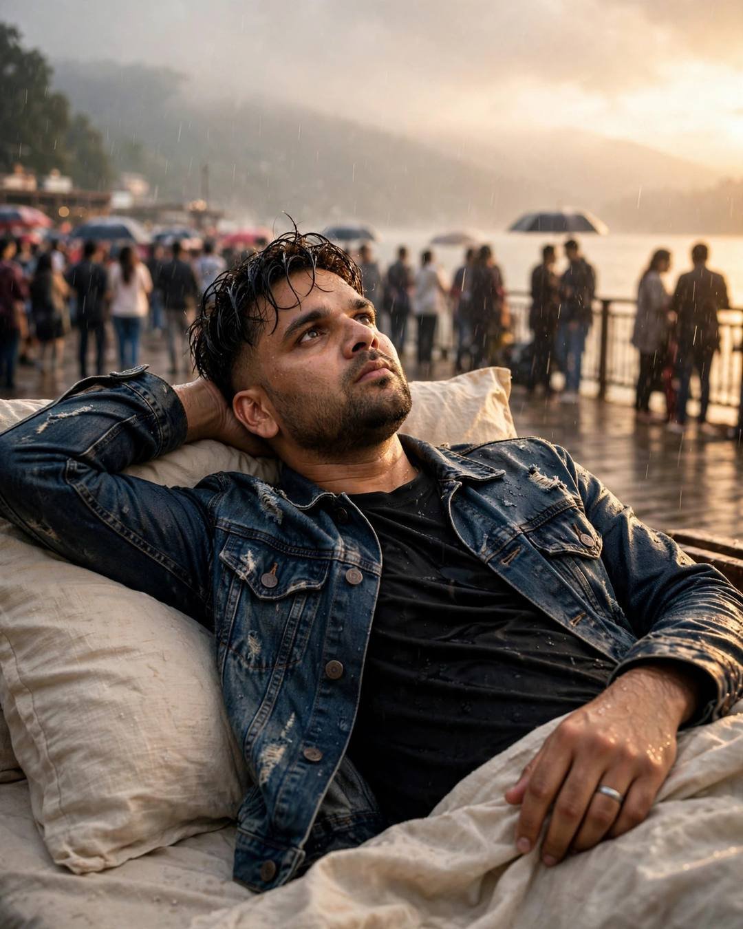 Young man in a denim jacket reclining on a daybed at a lake pier at dawn, gazing up through light rain