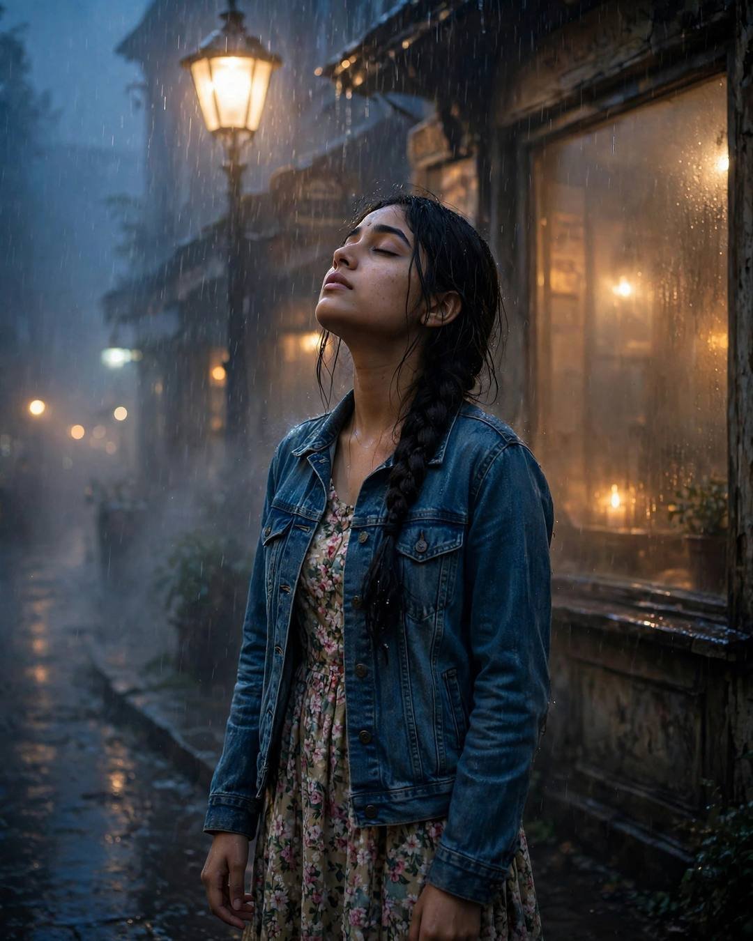 Young Indian woman in a denim jacket standing under a streetlamp in the rain, face lifted to the sky