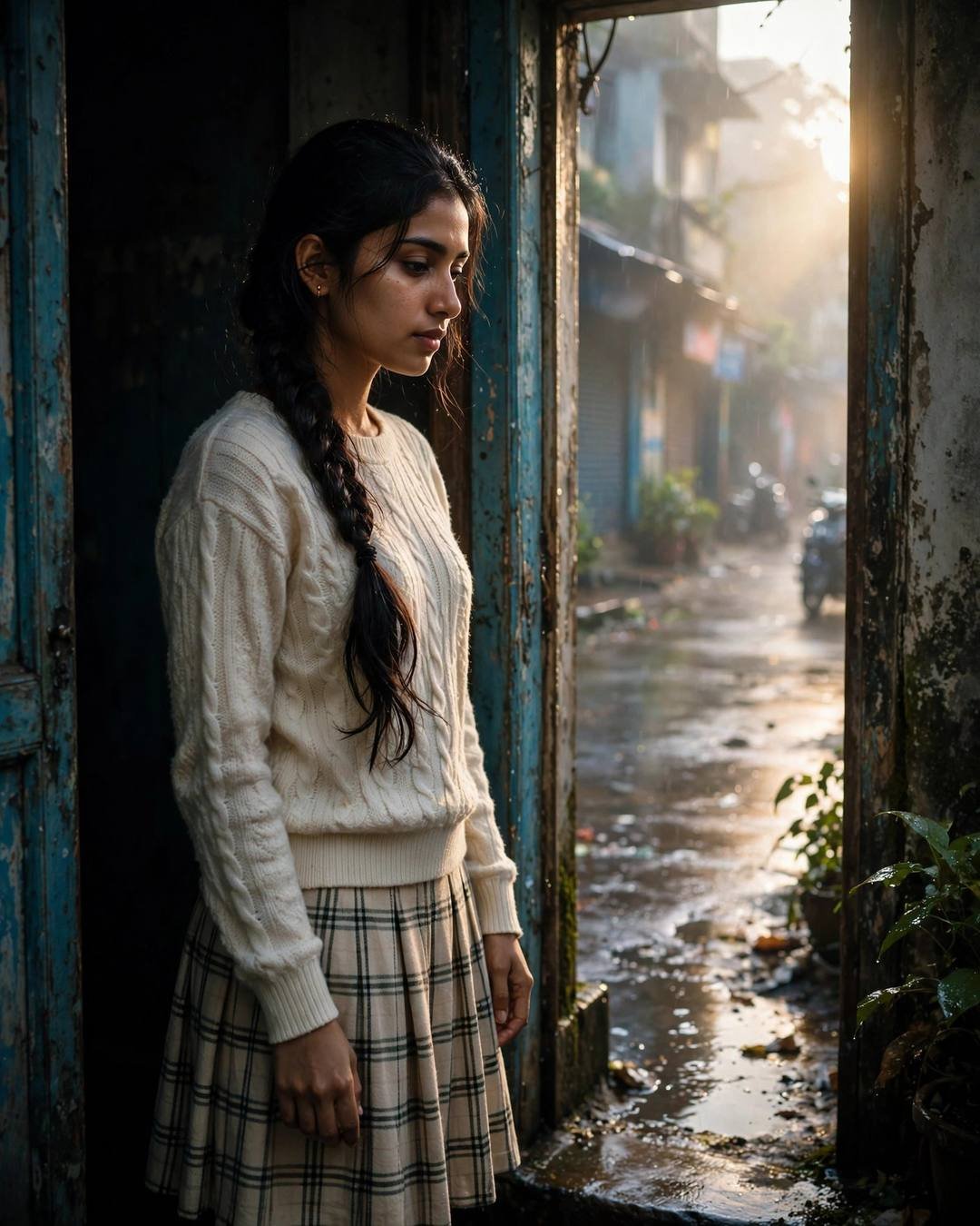 Young Indian woman in a cream knit standing in a doorway half in shadow, gazing at a rain-soaked street at dawn