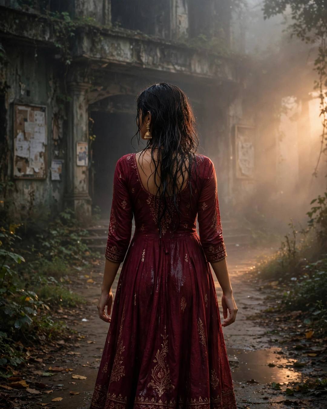 Young Indian woman in a maroon anarkali walking away down a foggy path by an abandoned cinema hall
