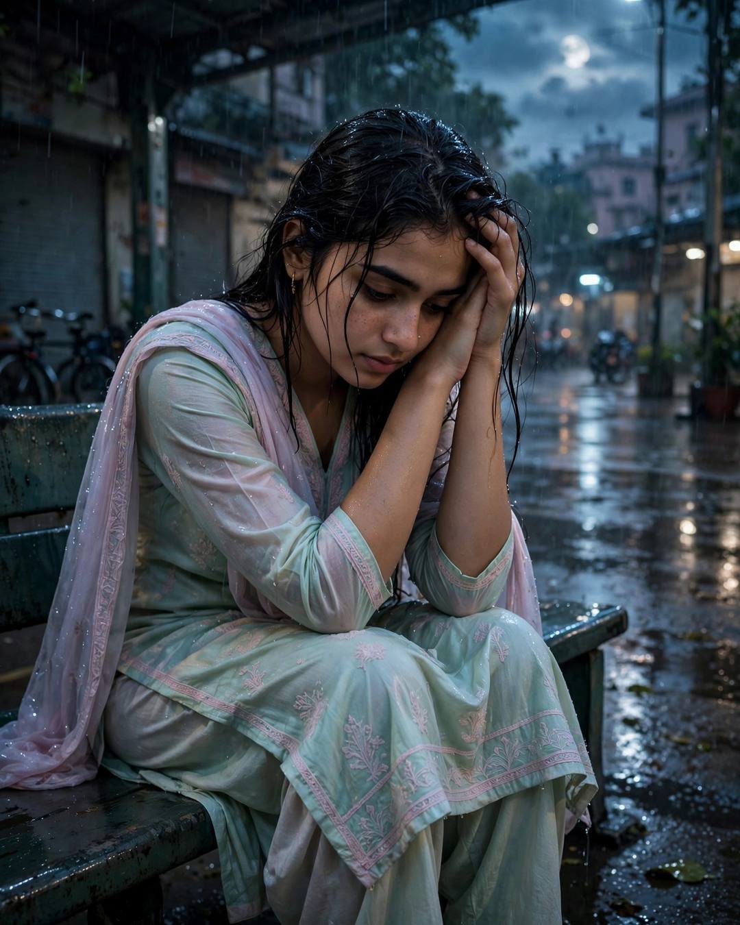 Young Indian woman in a pastel salwar-kameez sitting on a station bench in the rain, head in hands, moonlight