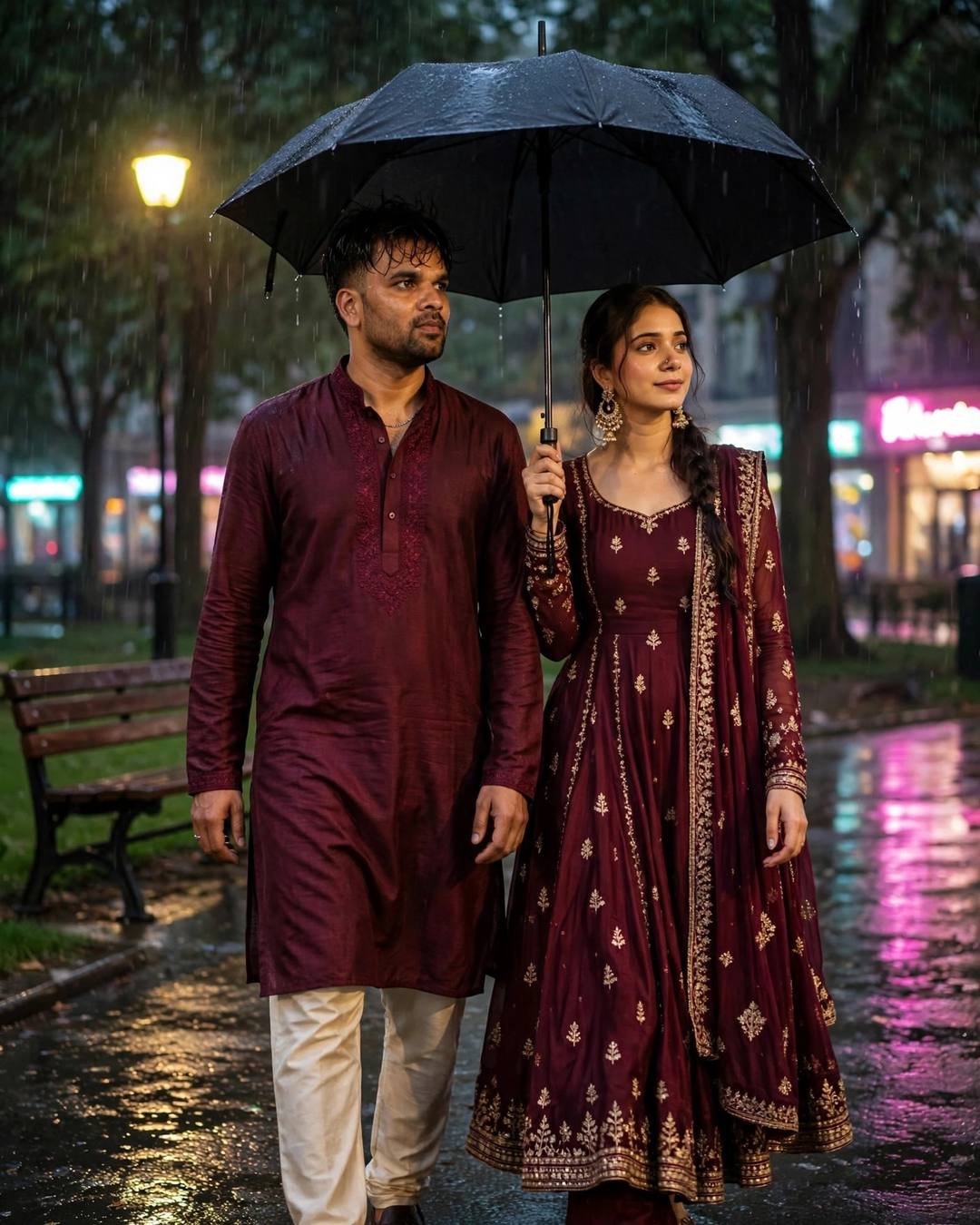 Couple in maroon traditional outfits walking under one umbrella in neon-lit rain at midnight
