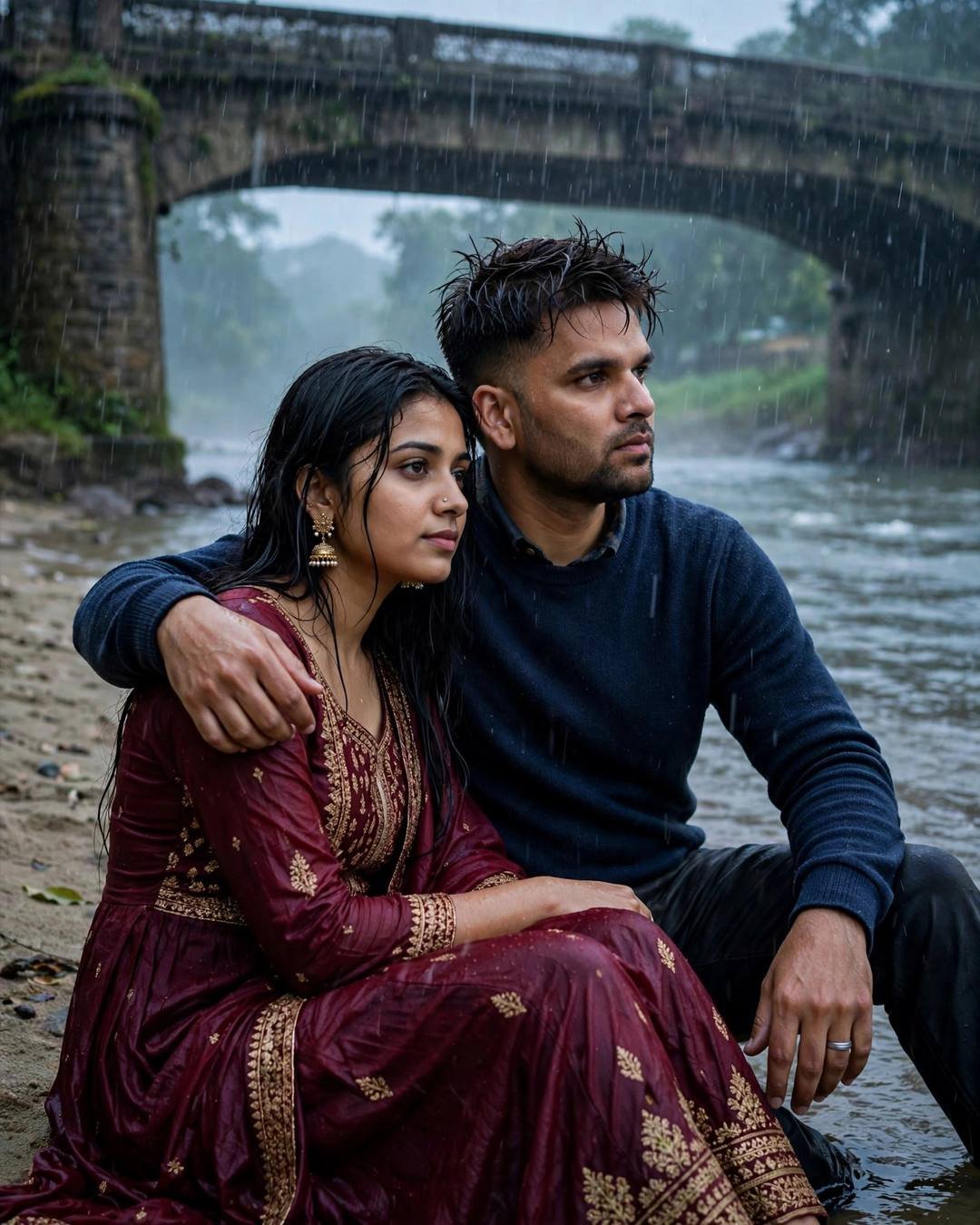 Couple sitting on a sandy riverbank under an old stone bridge in heavy rain, his arm around her