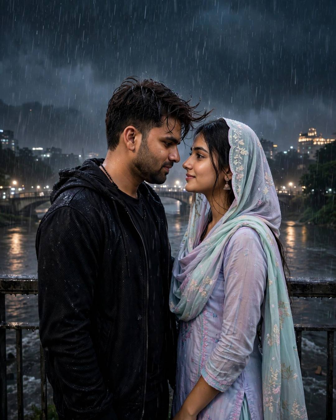 Couple standing face to face with foreheads almost touching on a bridge over a river in midnight rain