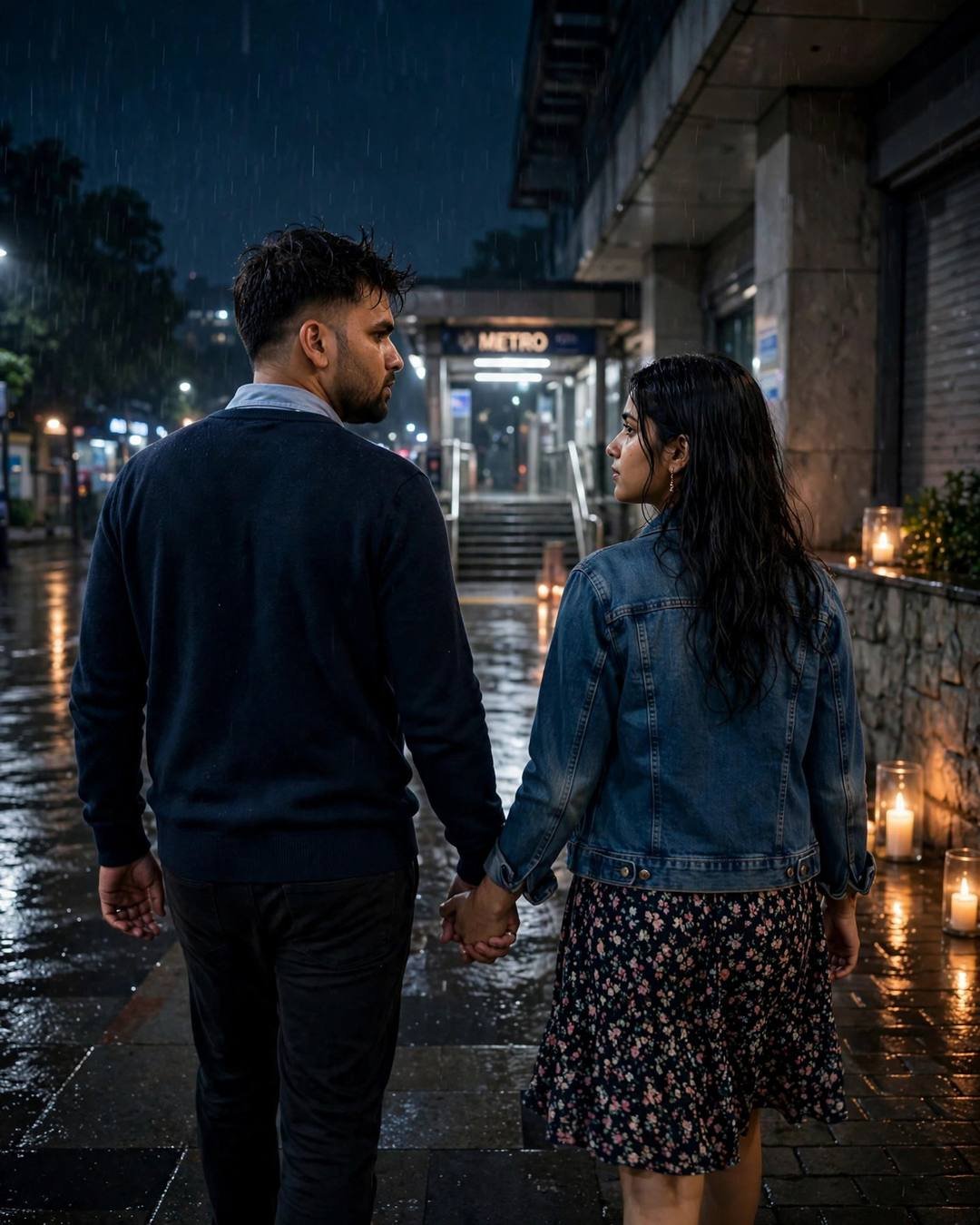Couple walking hand in hand away from the camera toward a metro station in the rain at night, candles burning