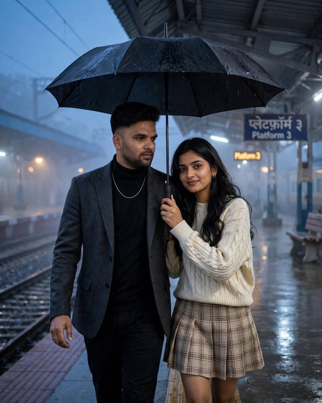 Couple standing close under one umbrella on a foggy railway platform at night, Platform 3 sign glowing