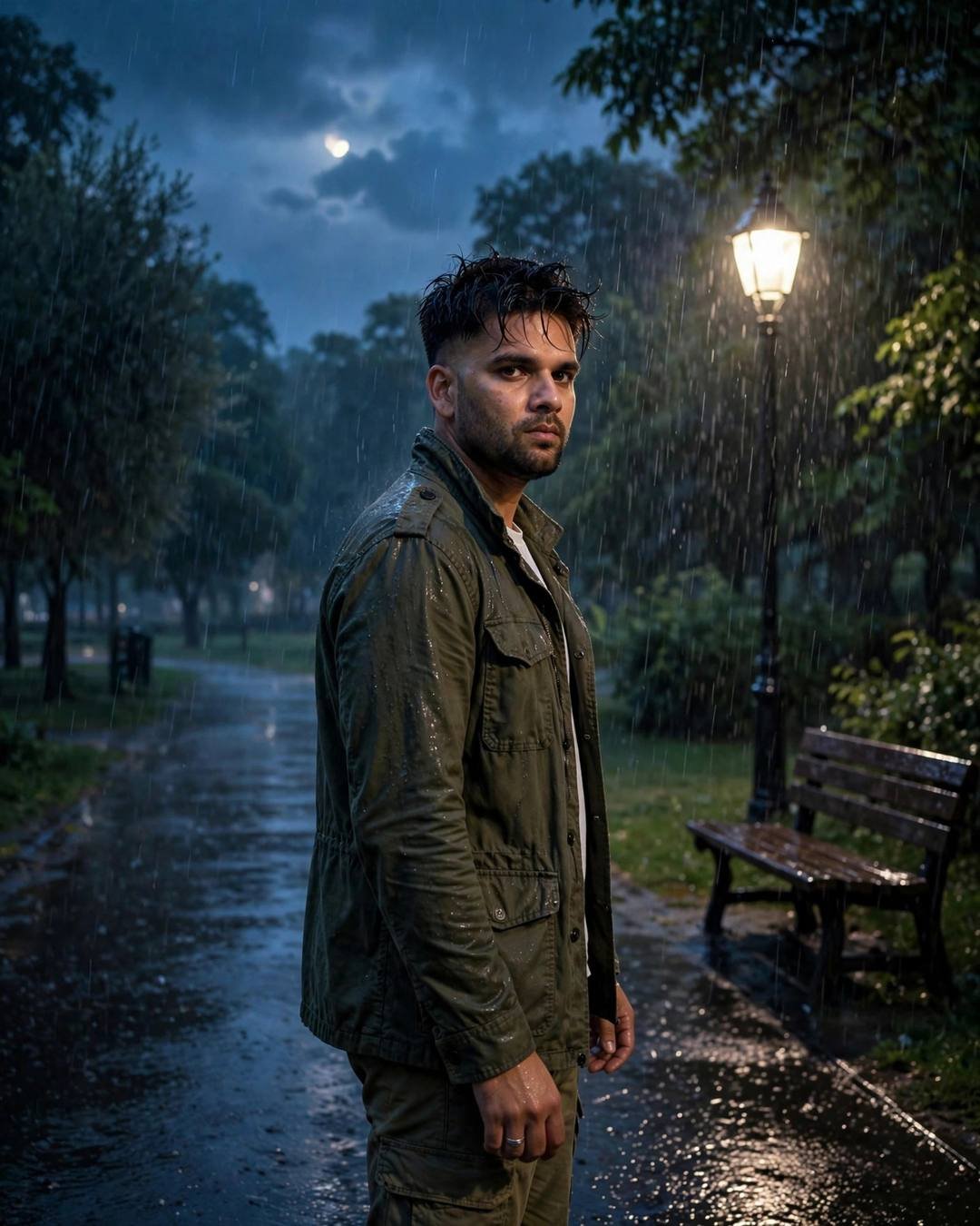 Young man in an olive field jacket standing in heavy rain by a park bench under a lone lamp at night
