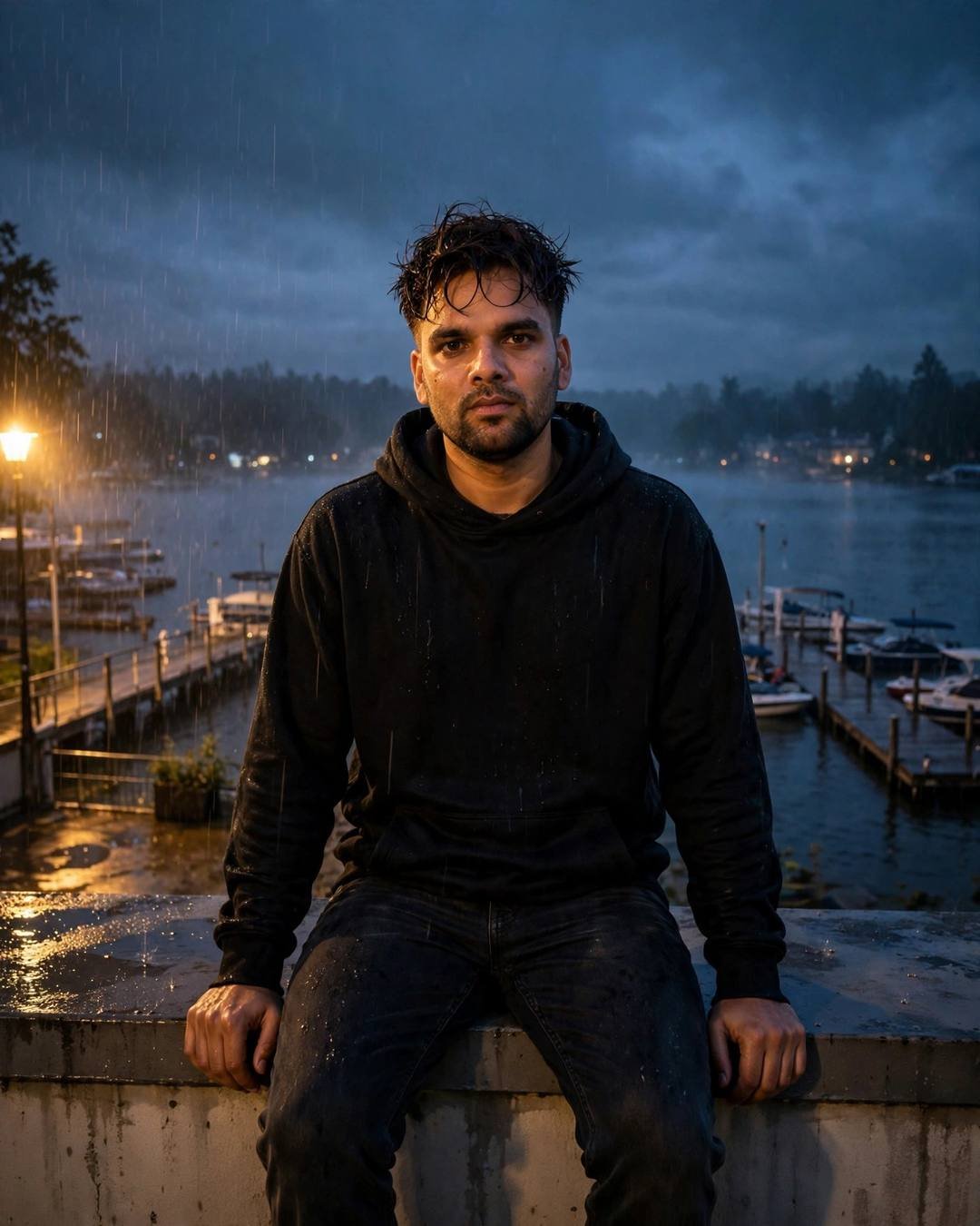 Young man in a black hoodie sitting on a lake pier ledge at night in light rain, holding a small gold earring