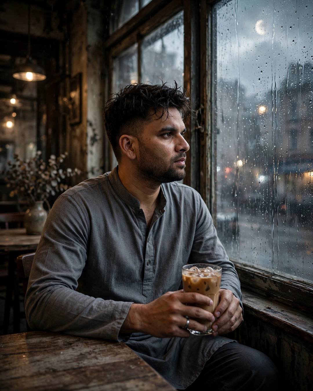 Young man in a grey kurta sitting at a café table cradling a cold coffee, gazing out a rain-streaked window