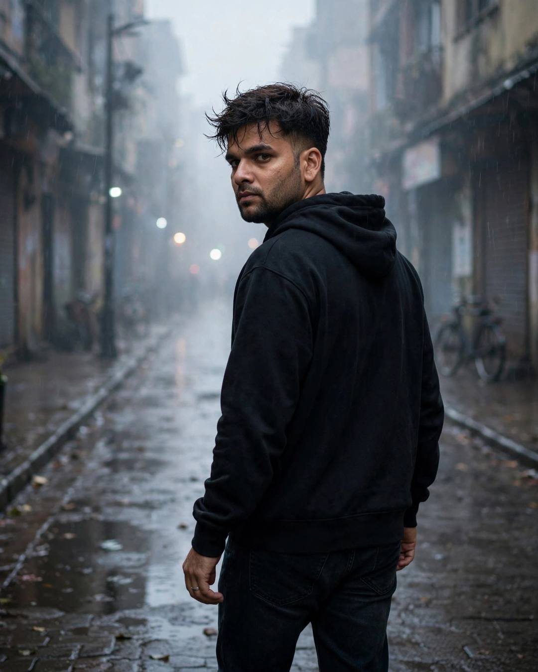 Young man in a black hoodie walking away down a foggy rain-soaked street at dawn, glancing back