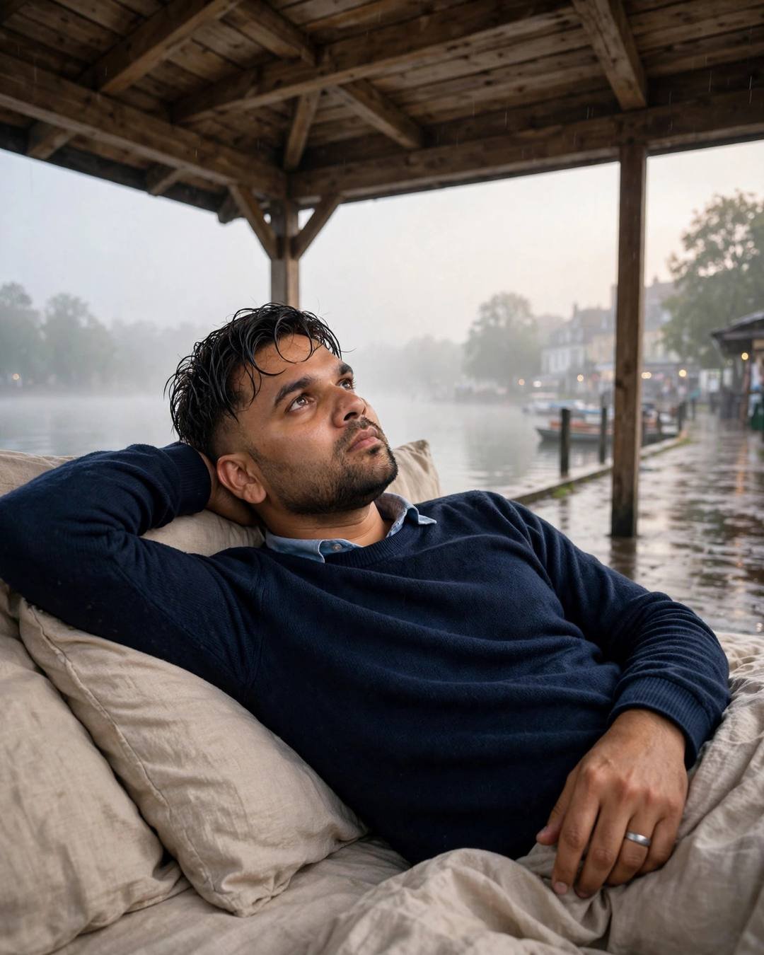 Young man in a navy sweater reclining on a daybed under a wooden shelter by a misty lake at dawn