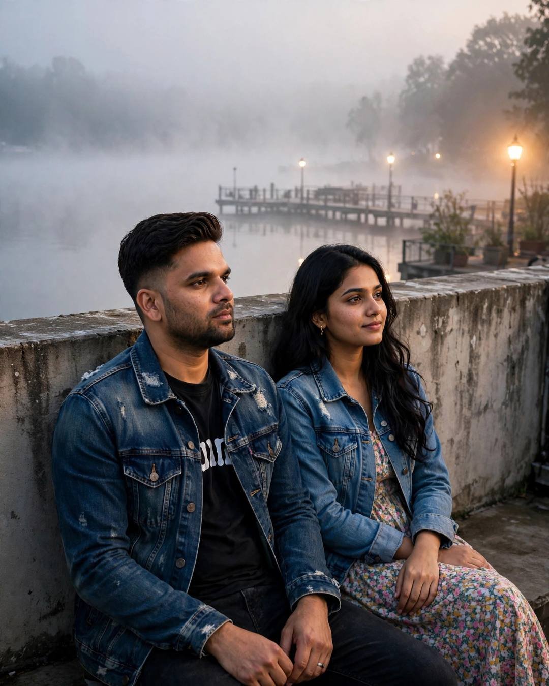 AI couple portrait of a young Indian man and woman in denim jackets sitting at a foggy lake pier at dawn with warm streetlamps